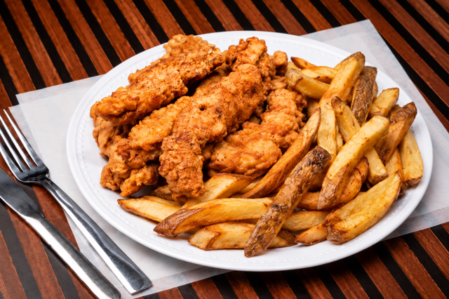 Jackfruit Strips, Fries, Lemonade..
