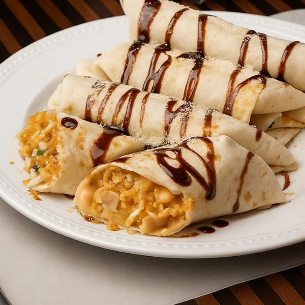 Sweet crepes drizzled with chocolate syrup and powdered sugar, filled with fruit and nuts.