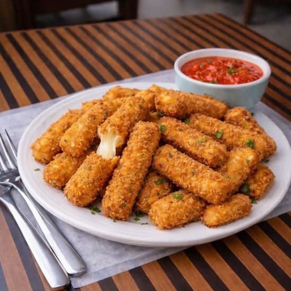 A white plate piled high with golden-brown mozzarella sticks, one stretching cheese, with a side of marinara.