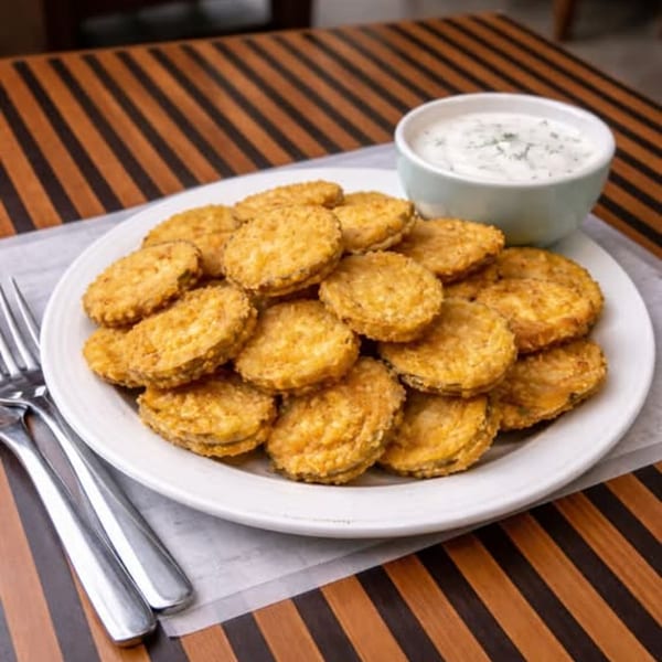A white plate filled with golden-brown fried pickles and a side of creamy ranch dipping sauce.