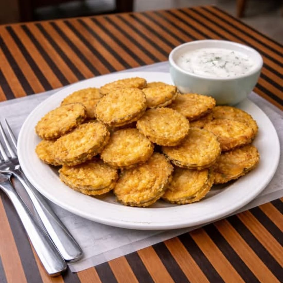 A white plate filled with golden-brown fried pickles and a side of creamy ranch dipping sauce.